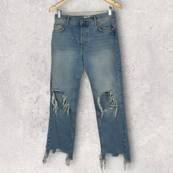 Free People Revolve Maggie Straight Jeans Light Stone Raw Hem Distress Denim 25 - Picture 15 of 15